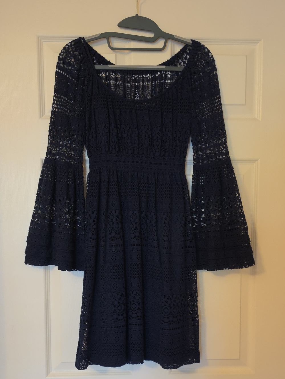 Boston Proper Navy Crochet Bell-Sleeve Long Sleeve Dress